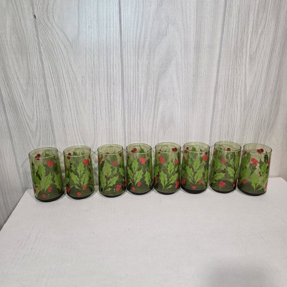 Set Of 8 Vintage Anchor Hocking Green Glass Holly Christmas Tumblers 5” Tall